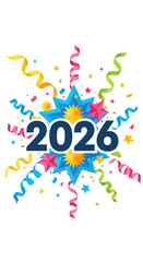 Colorful 2026 Celebration with Confetti, Streamers, and Stars on White Background - Festive New Year Design, Flat Vector Elements, Vector Illustration, Simple Vector, Stylized Vector Drawing, Vector