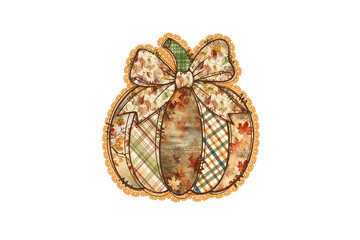 A charming patchwork pumpkin with a bow perfect for autumn crafts and festive fall decorations Sublimation Design
