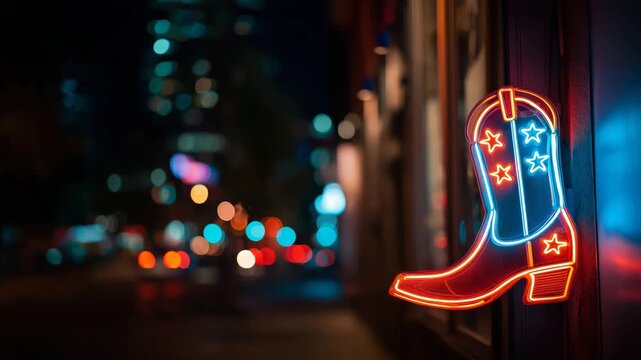 Flickering neon cowboy boot sign with glowing stars on dark city street, perfect video for country bar ads, Western-themed branding, nightlife content, and bar intros, with copy space on the left