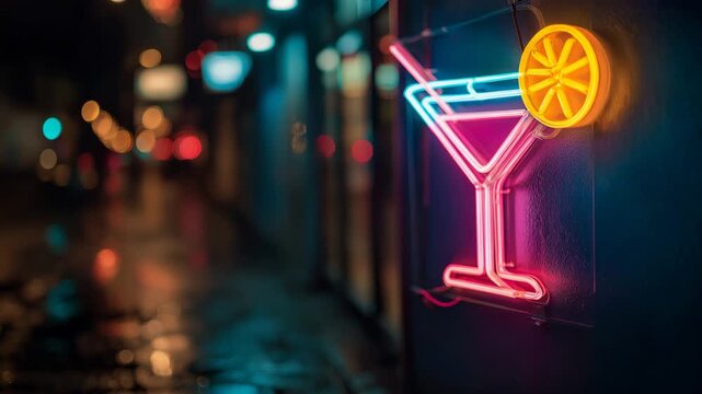 Flickering neon cocktail sign with lemon slice glows in nightlife setting, ideal video background for bar promotions, drink menus, party invitations, and nightlife branding, copy space on the left