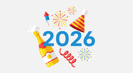 Festive New Year 2020 Celebration Illustration with Popping Champagne Bottle and Fireworks, Flat Vector Elements, Vector Illustration, Simple Vector, Stylized Vector Drawing, Vector Template, Clean