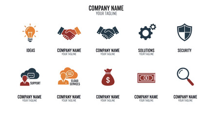 Modern Business Logo Templates Featuring Icons for Ideas, Partnership, Support, and Cloud Services on White Background, Flat Vector Elements, Vector Illustration, Simple Vector, Stylized Vector