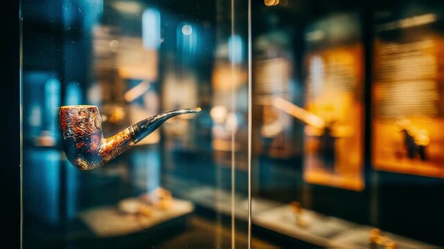 Focused frame on a welllit tobacco pipe exhibit encased in glass surrounded by dimly blurred informational plaques and museum lighting creating a dramatic effect.