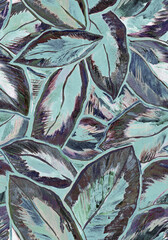 Close ap ficus foliage painted with hand of strokes seamless pattern in light blue green tones. Artistic botanical elements drawn by hand of acrylic paints on wrapping paper texture. 