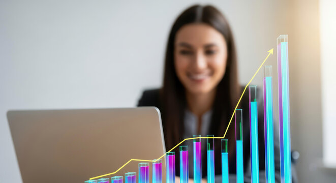 Smiling woman with laptop and 3D bar chart overlay showing growth, symbolizing financial success, data analysis, and the future of technology - Powered by Adobe
