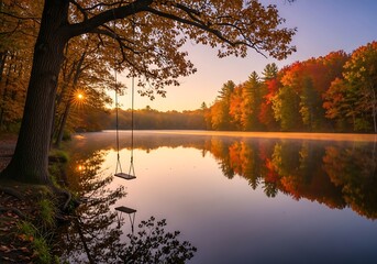 Autumn Serenity - Lakeside Swing at Sunrise in Vibrant Fall Colors.