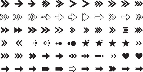 Naklejka premium Minimal bullet point icon set with arrows, dots, stars, and hearts. Vector collection for UI/UX design, web layouts, presentations, and infographics.