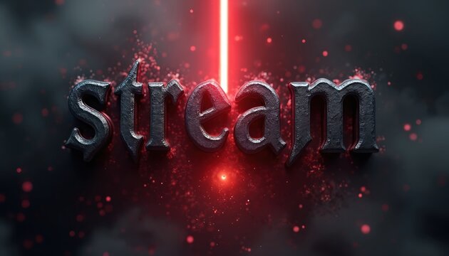 Dramatic metallic letters spell out STREAM with bright red light beam. Red particles and dark smoke create an intense, exciting atmosphere. Implies immediate launch, broadcast, or event starting now.