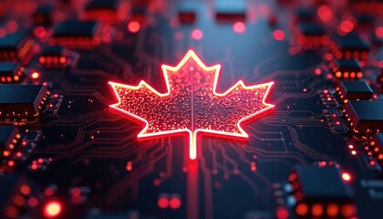 Bright red maple leaf glows on dark circuit board background. Digital tech components connect with illuminated lines. Represents Canadian innovation, data processing, global network infrastructure.