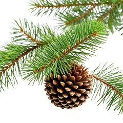 Evergreen pine branch with a brown cone, on a black background