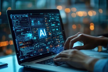 Business professional using AI technology displayed on a laptop in a modern office