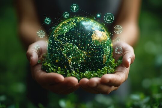 Hands holding a digital Earth surrounded by futuristic environmental icons