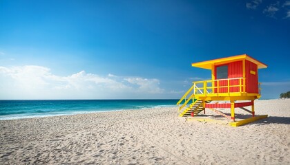 empty sandy beach and colorful lifeguard house with blue sea and sky vacation and summer travel concept