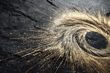 Golden sparks swirling in a circular pattern on a dark stone surface during a creative art project