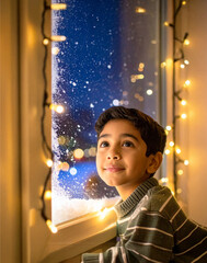 A Cozy Winter Night Scene: A Child Gazing at the Gentle Snowfall Through a Frosted Window Framed by Twinkling Holiday Lights