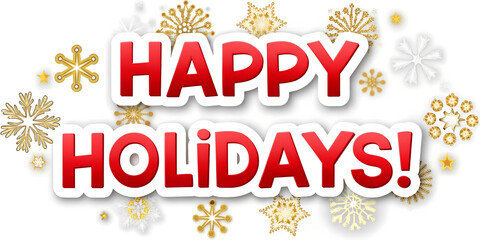 Red and metallic gold HAPPY HOLIDAYS typography banner with snowflakes on transparent background