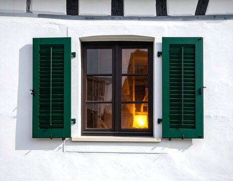 A white building's window with green shutters