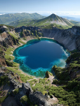 Zao volcano caldera lake reflecting blue sky in summer, yamagata, japan