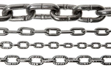 Fototapeta premium Close-up view of various metal chains showing different designs and links for diverse applications in construction and jewelry