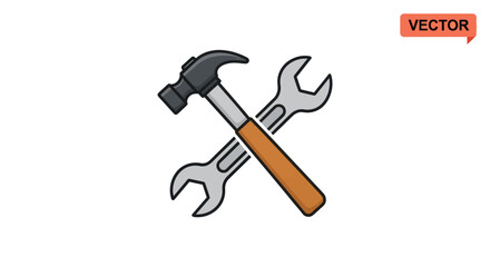 Stylized Hammer and Wrench Icons on White Background Representing Repair and Service, Flat Vector Elements, Vector Illustration, Simple Vector, Stylized Vector Drawing, Vector Template, Clean Vector