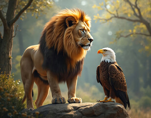 A powerful lion gazes at an eagle. They stand together on a rock. The majestic animals create a stunning nature composition. Forest background gives a natural look.