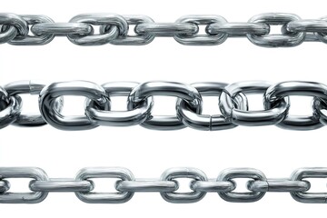 Fototapeta premium Close-up view of shiny metal chains arranged side by side on a white background