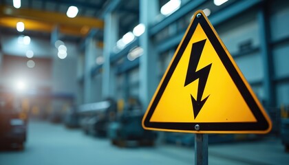 Yellow warning sign displays electric symbol indicating high voltage danger in industrial setting. Workers must observe safety protocols, follow established procedures to prevent electrical hazards.