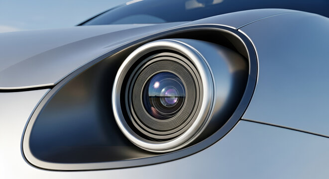 front view of a generic and brandless modern car camera positioned directly in front of the car capturing the entire frontal area