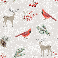 Christmas seamless pattern. Deer animals, cardinal birds, pine cone, fir twigs, red berries, snow, snowflakes, beige background. Vector illustration. Nature design. Winter forest. Xmas holidays