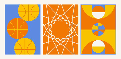 Modern geometric basketball design with abstract shapes in orange and blue poster banner cards set © NancyPants