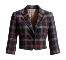 Plaid cotton blazer featuring three-quarter sleeves and a cropped design.