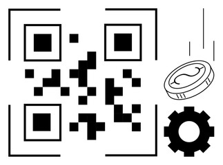 QR code with gear and coin symbolizing digital transactions, mobile payment, and automation. Ideal for technology, banking, e-commerce, cryptocurrency, fintech innovation and automation. Simple
