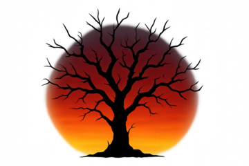 Bare tree silhouette against a dramatic sunset or full moon, creating a spooky halloween night atmosphere with transparent background