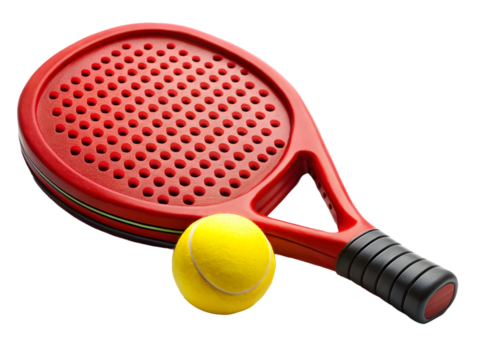 Red tennis racket and yellow ball isolated on transparent background