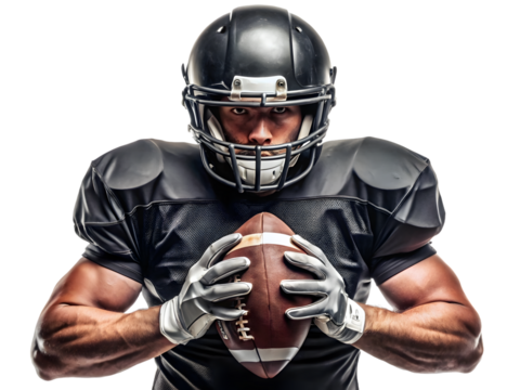 American football player in uniform holding ball isolated on transparent background