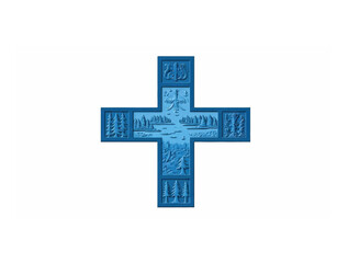Blue Nordic cross with stylized lakes and forest symbols integrated into the arms.