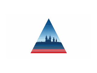 Blue triangle with red and white bands and Prague skyline in geometric abstraction white background.