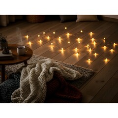 Cozy Home Ambiance - Warm Lights and Soft Blanket on Wooden Floor.