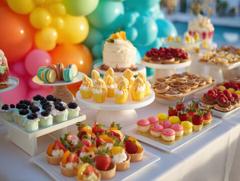 Vibrant and elegant dessert table featuring mini tarts, macarons, cupcakes, and a small cake, with a colorful balloon background for a summer party or wedding celebration