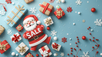 Obraz premium Festive Santa Claus with holiday sale sign surrounded by Christmas gift boxes, snowflakes, and decorative ornaments on a blue background — ideal for winter sales promotions.