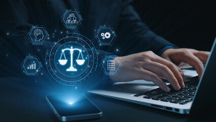 Futuristic digital law interface displaying justice scale, highlighting digital law, AI compliance,...