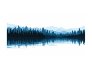 Horizontal blue-black-white with forest and lake silhouettes stylized as waves.