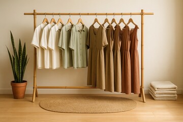 Ethical fashion rack displaying organic cotton and hemp garments in minimalist eco-friendly boutique interior