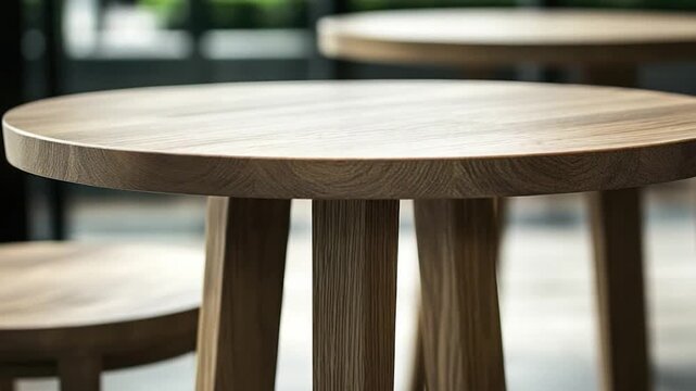 A close-up view of a wooden table with two stools