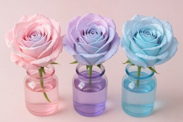 Pastel colored roses arranged in pink, lavender, and blue glass bottles on soft background