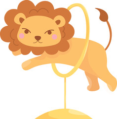 Cute lion. A circus lion cub jumps through a ring. Vector illustration.