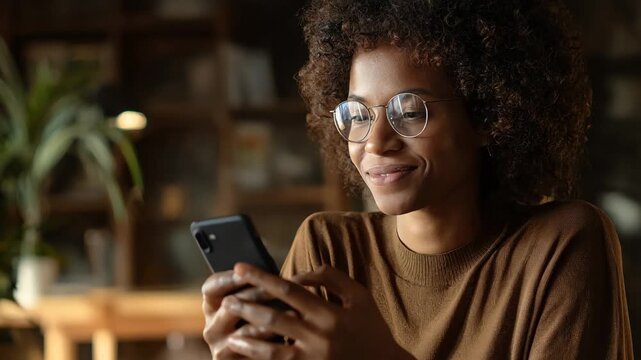 Medium shot of a person smiling at their smartphone screen receiving a confirmation SMS notification after a phone call.