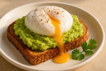 Toasted bread topped with mashed avocado and poached egg with runny yolk served on ceramic plate