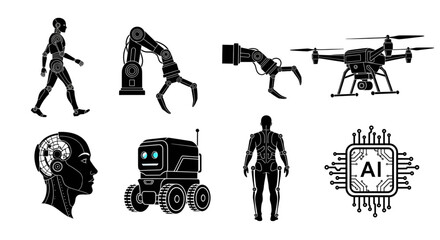 A futuristic collection of robotics and artificial intelligence silhouettes showing advanced technology like drones and androids.
