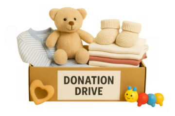 Donation drive box with baby clothes and toys